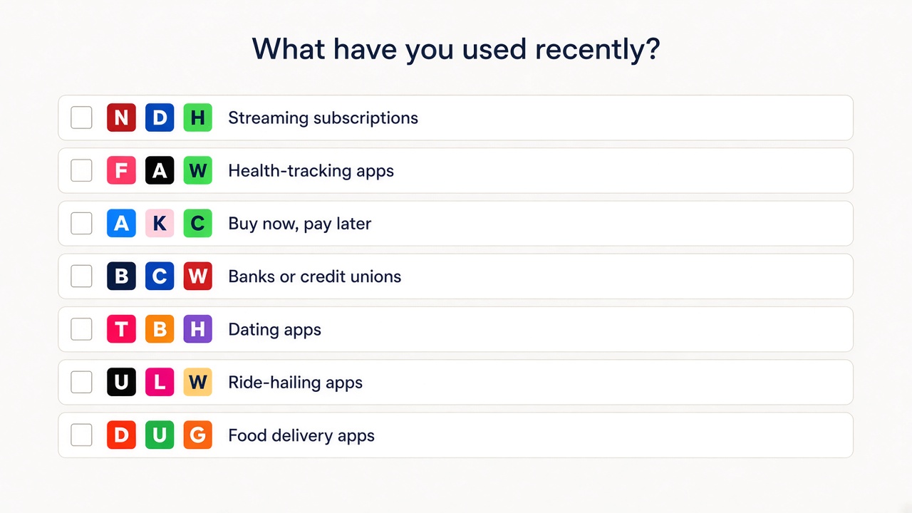 Onboarding screen asking what services you have used recently