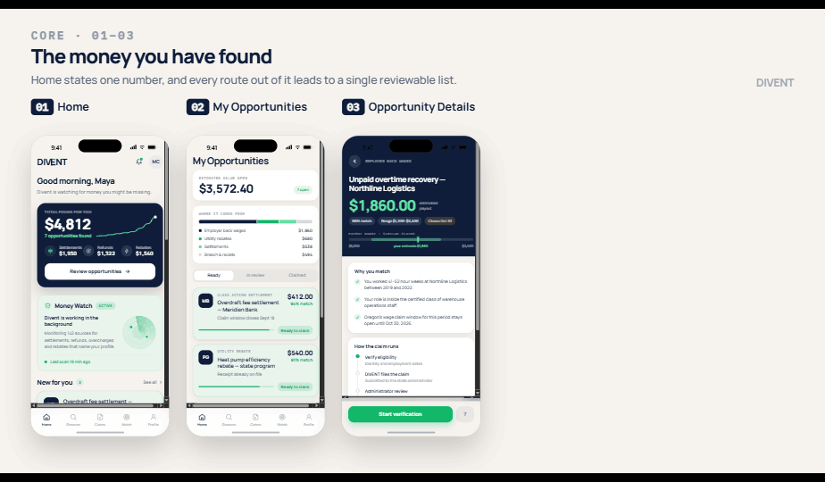 Divent screens showing home totals, open opportunities, and claim detail with match reasons